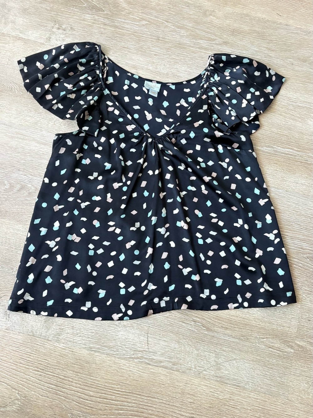 Tracey Reese Silk Black Confetti Print Flutter Sleeve Top
